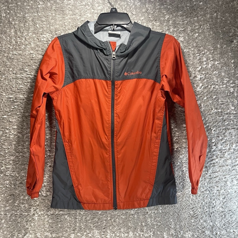 Columbia Windbreaker Jacket Kids M, 10, 12 Gray, Orange Rainproof Outdoor